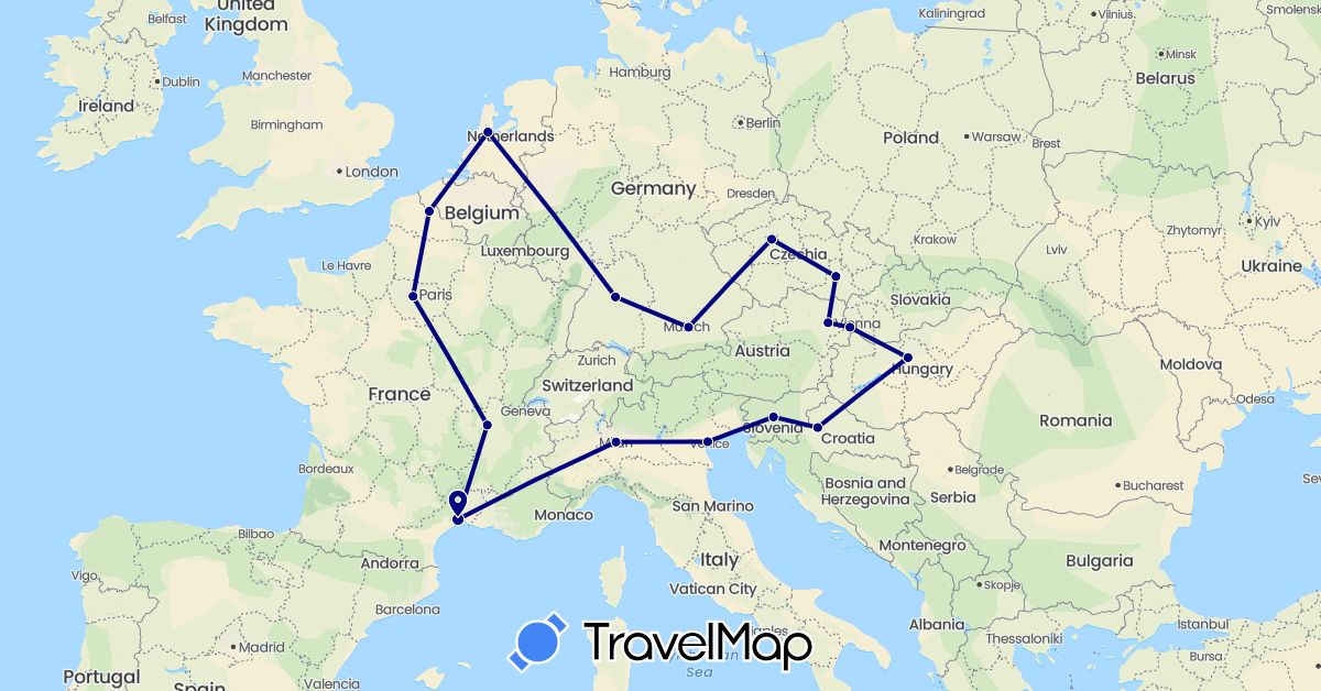 TravelMap itinerary: driving in Austria, Czech Republic, Germany, France, Croatia, Hungary, Italy, Netherlands, Slovenia, Slovakia (Europe)